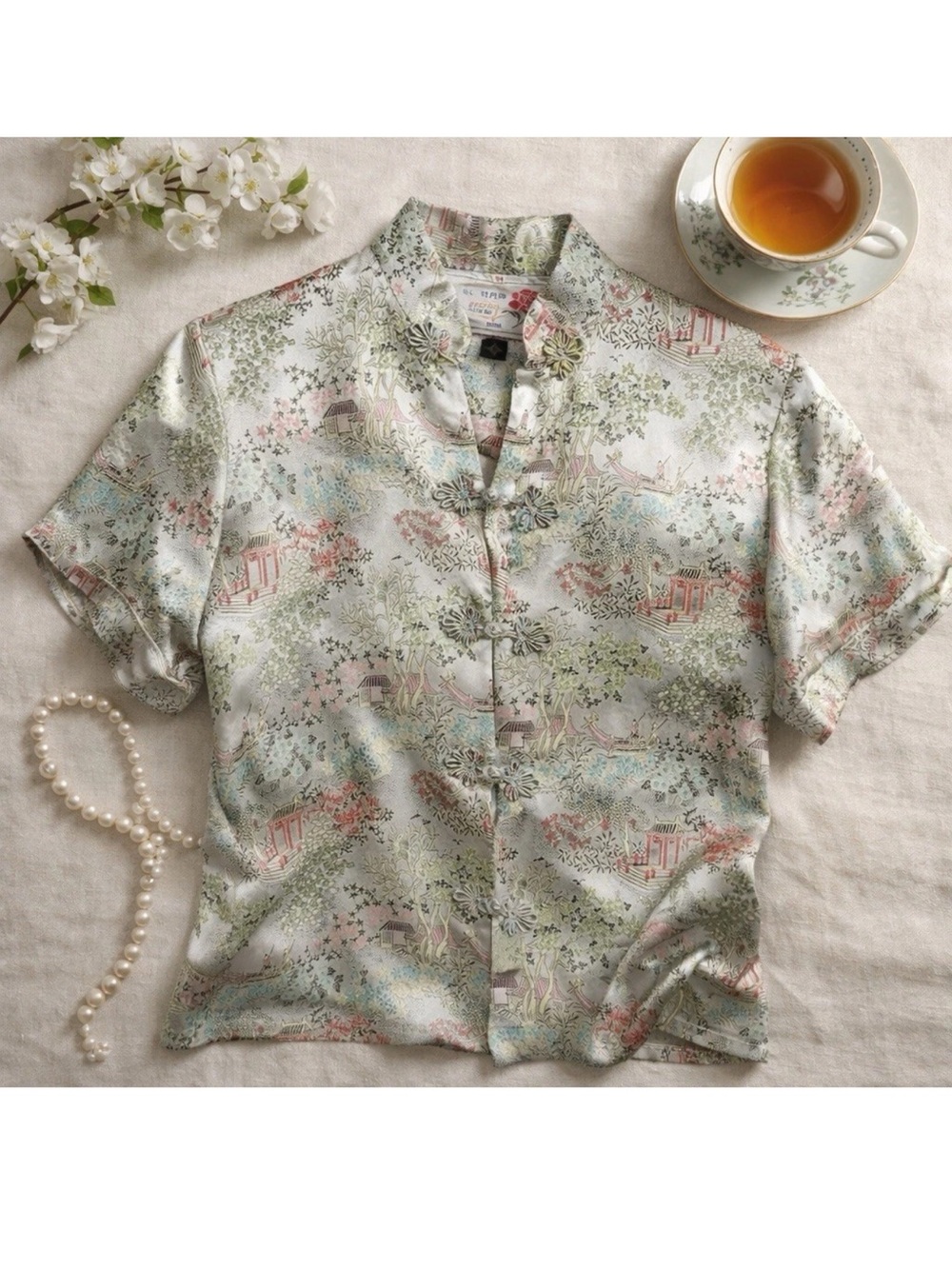 Peony Asian Silk 34 Blouse Multicolor Short Sleeve Frog Buttons‎ Vintage